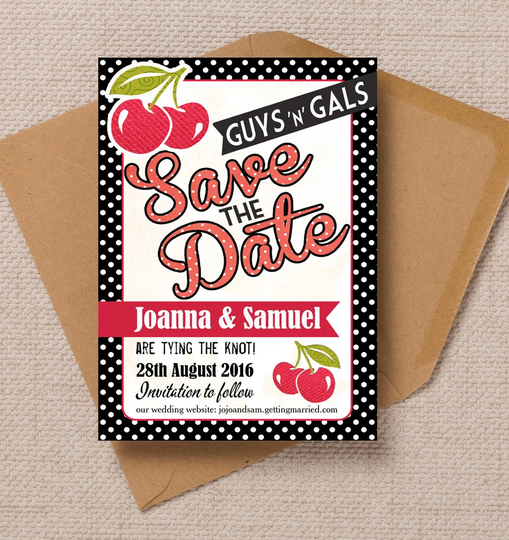 Retro Cherry Rockabilly Black & Red Wedding Save The Date Cards Envelopes