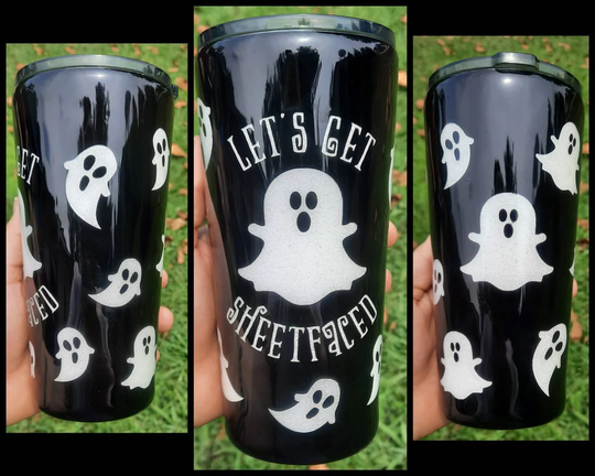 Let's Get Sheet Faced Ghost Glitter Tumbler, Peek-A-Boo Pun Coffee Mug, Custom Travel Cup, Birthday Gift For Halloween Lover