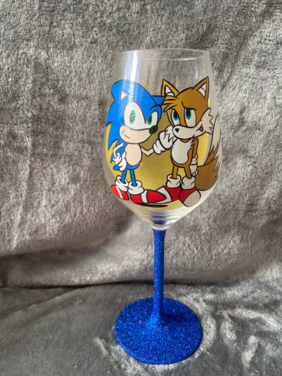 Sonic & Tails Hand Painted Wine Glass