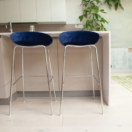(Blue) 2x Premium Velvet Bar stools with Metal legs