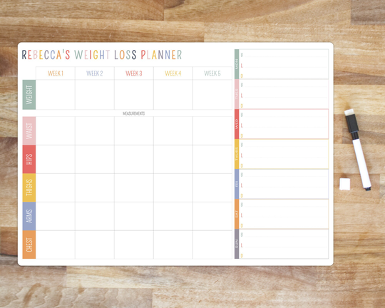 Personalised A4 Dry Wipe Whiteboard Weekly Meal Planner With Weight Loss Tracker