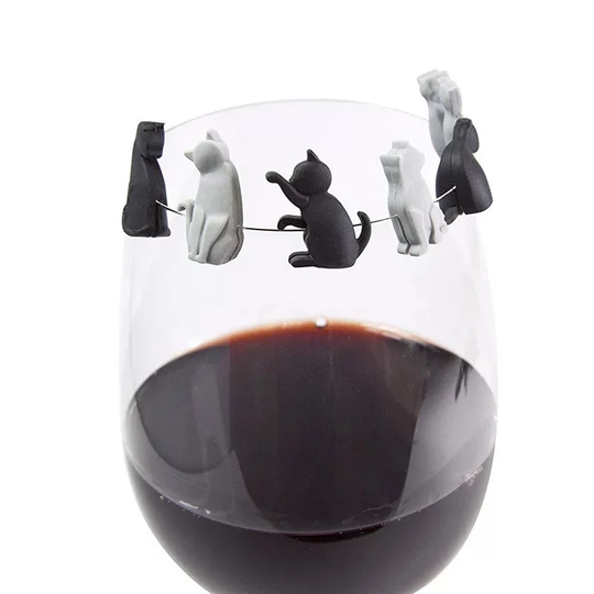 6Pcs/Set Silicone Meow Wine Glass Markers Black & White Cat Drinking Buddy Cup Identification Tea Bag Holders