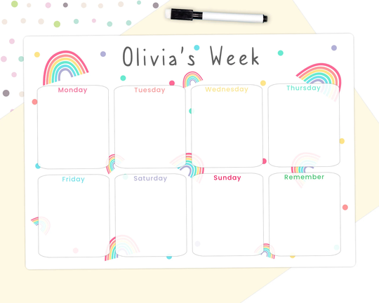 Personalised Children's Large A3 Weekly Rainbow Whiteboard Planner, Multi Coloured Calendar, Kid's Reusable Dry Wipe To Do List