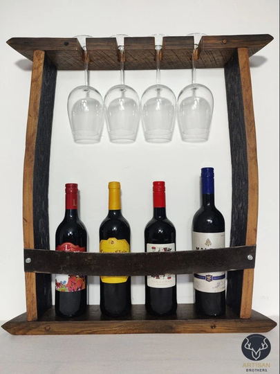 Oak Barrel Display Shelf & Glass Hanger - Shelf De Vin Wine Bar Reclaimed Unique Handmade Shelving Unit Bespoke Rustic