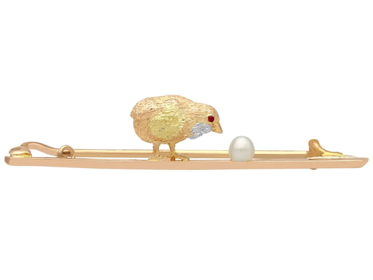 Seed Pearl & Ruby, 15 Ct Yellow Gold Chick Egg Bar Brooch - Antique Circa 1900