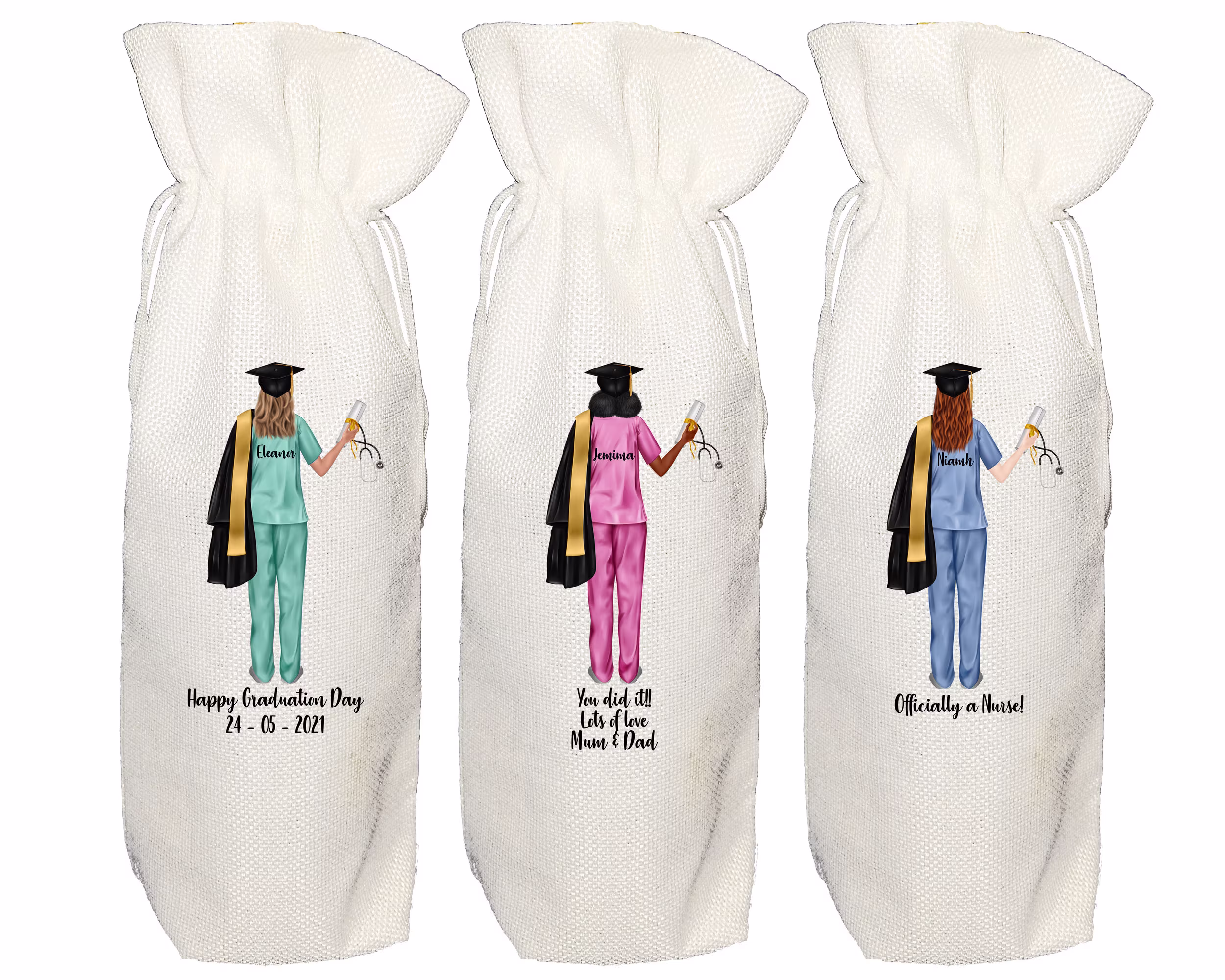 Personalised Graduate Nurse Wine Bottle Bag - Graduation College University Gown Cap Thank You Gift Midwife Prosecco Gin