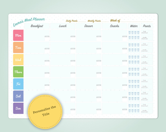 A3 Personalised Weight Loss Meal Planner. Plan Your Weekly Meals Including Watchers Points Values. Weight Tracker