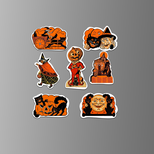Retro Halloween Decorations On Refrigerator Magnets. Vintage Images. Cut Outs With White Borders. Individual Or Set. | Set Nº 1
