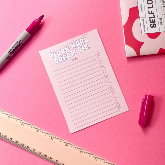 A5 Or A6 Notepad To-Do List | Work Hard, Dream Big 40 Pages Tear Off Page Magnet Pink, Red & White Checklist