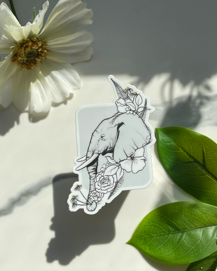 Floral Elephant Magnet, Die Cut Magnet, Flower Grey Fridge Magnet