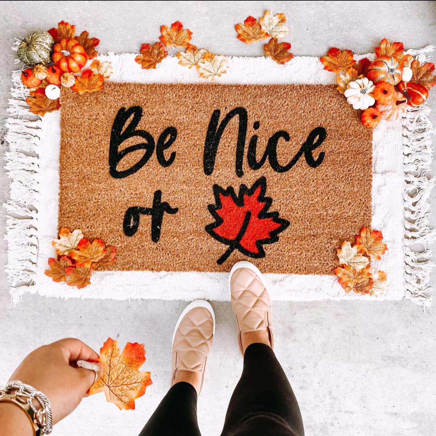 Be Nice Or Leaf Autumn Doormat, Bloom Into Beautiful Fall Welcome Mat, Outdoor Farmhouse Decor, Housewarming Gift