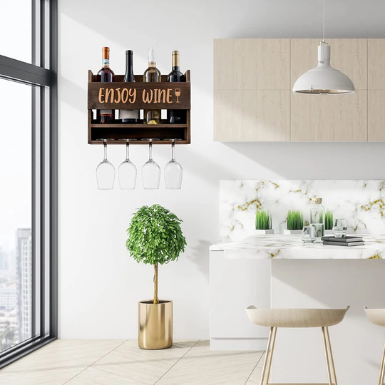 Wall Mounted Wine Rack - 4 Wine Glasses Included 12 Oz - Rustic Wood Wine Glasses & Bottle Holder, Housewarming Home Dcor Storage Wine Gifts - Wine Ac