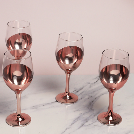 G Decor Set Of 4 Sephora Two-Toned Copper Plated Rose Gold Wine Drinking Glasses