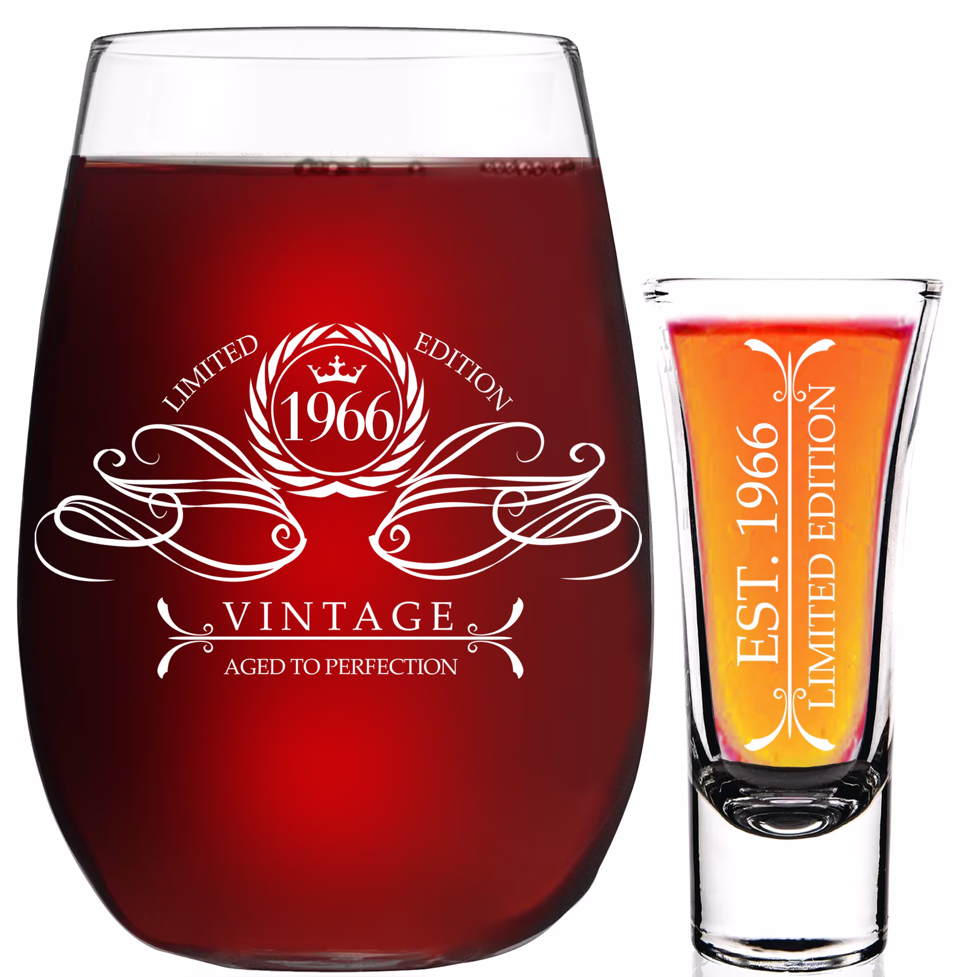 1966 55Th Birthday Gifts For Women & Men 13 Oz Wine Glass + 2 Shot Glass, Decorations Women, Funny Present Ideas