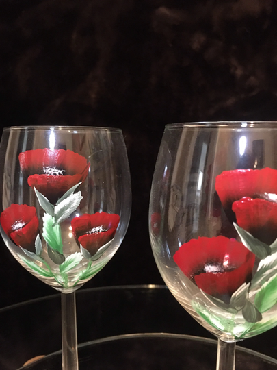 Hand Painted Red Poppy Wine Glass