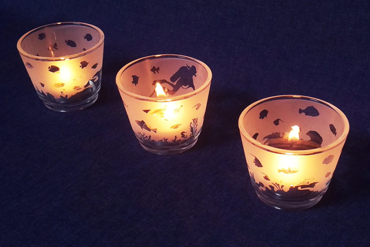 Tropical Fish Engraved Glass Tea Light Holder Set, With Scuba Diver Over Coral Reef