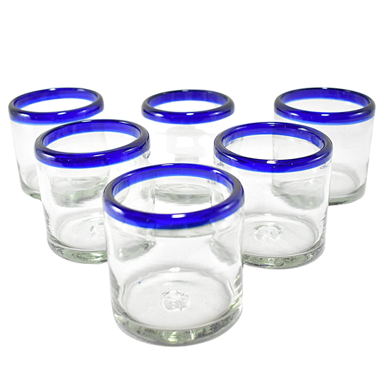 Marey Mexican Drinking Glasses | Artisan Crafted Blown Glass Set Of 6 Pieces 100% Recycled | Cobalt Blue Rim, Old Fashioned 8 Oz