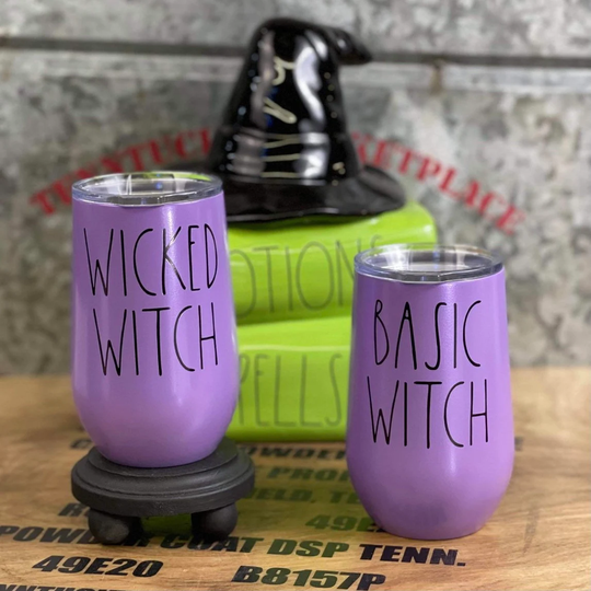 Halloween Rae Dunn Inspired Wicked Witch & Basic Wine Tumbler Set With Lid Custom Powder Coated ~ Steel No Stickers