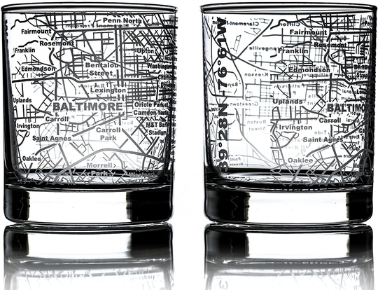 Baltimore - City Map Etched Whiskey Glasses | Old Fashioned Rocks Glass Set Of 2
