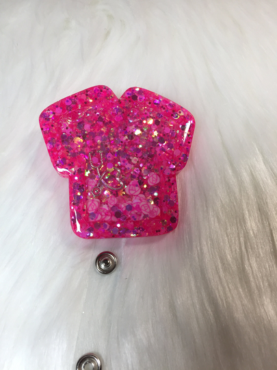 Scrub Top, Shaker Badge Reel, ID Nurse, Rn, Heart Shaker, Cna, Pink Glitter