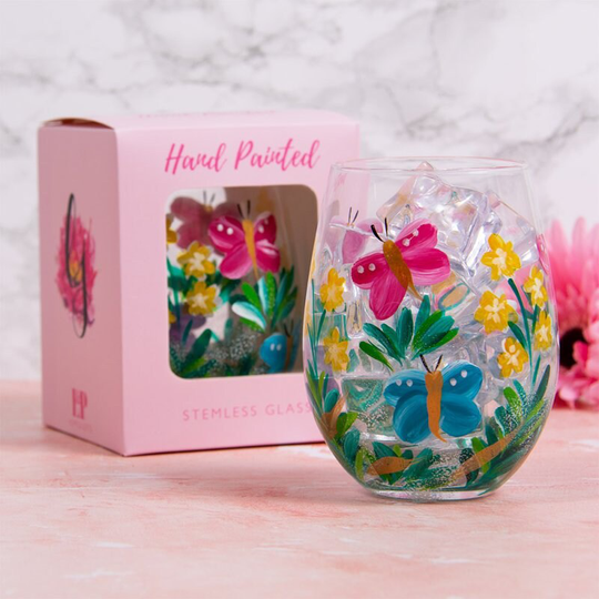 stemless Gin Glass 500Ml Hand Painted Copa Butterflies Flowers Floral Tumbler