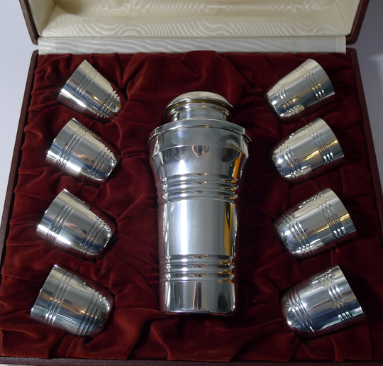 Cased French Art Deco Cocktail Shaker Set By St. Medard, Paris C.1940
