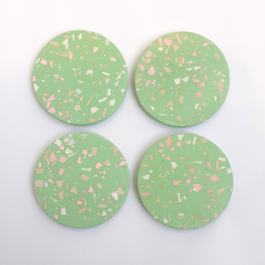 Handmade Jesmonite Terrazzo Coasters in Pale Green, Pink, White & Beige - Home Gift Round Desk Eco Friendly