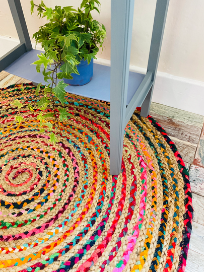 Mishran Braided Round Rug Flat Weave With Natural Jute & Multi Colour Recycled Material -Small Medium Large Or Extra