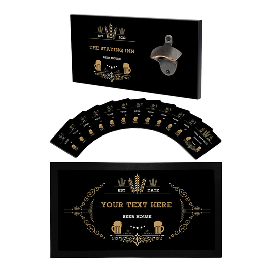 Personalised Bottle Opener Wall Mounted Wooden Bar Sign, 12 X Cardboard Beer Mats, Runner Mat - Accessories For Home Pub Wbs-Di047