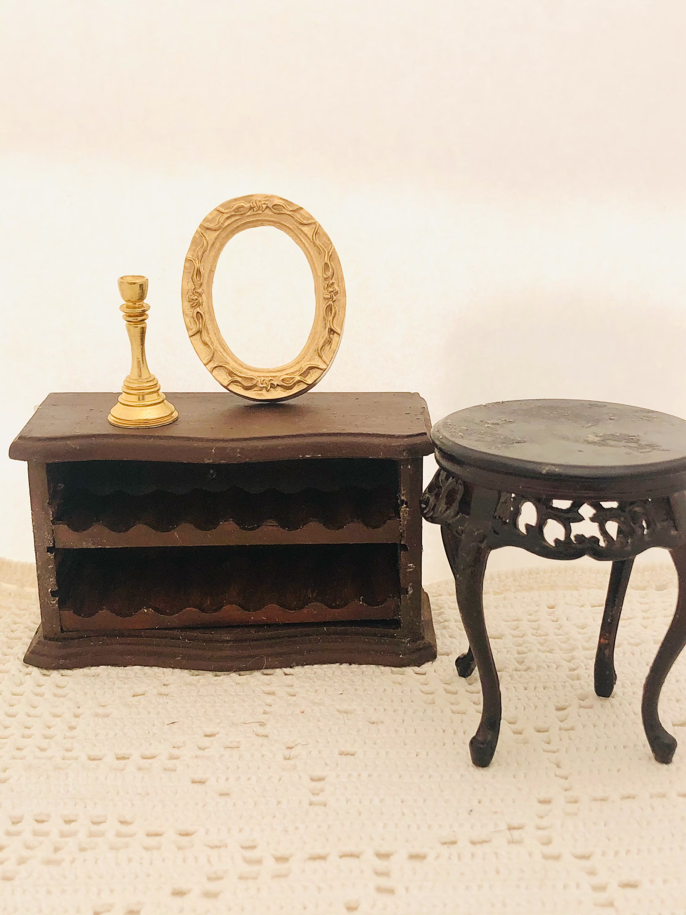 Vintage Mini Furniture Buffet Wine Cabinet Victorian Table Candlestick Gold Picture Frame Dollhouse Diorama