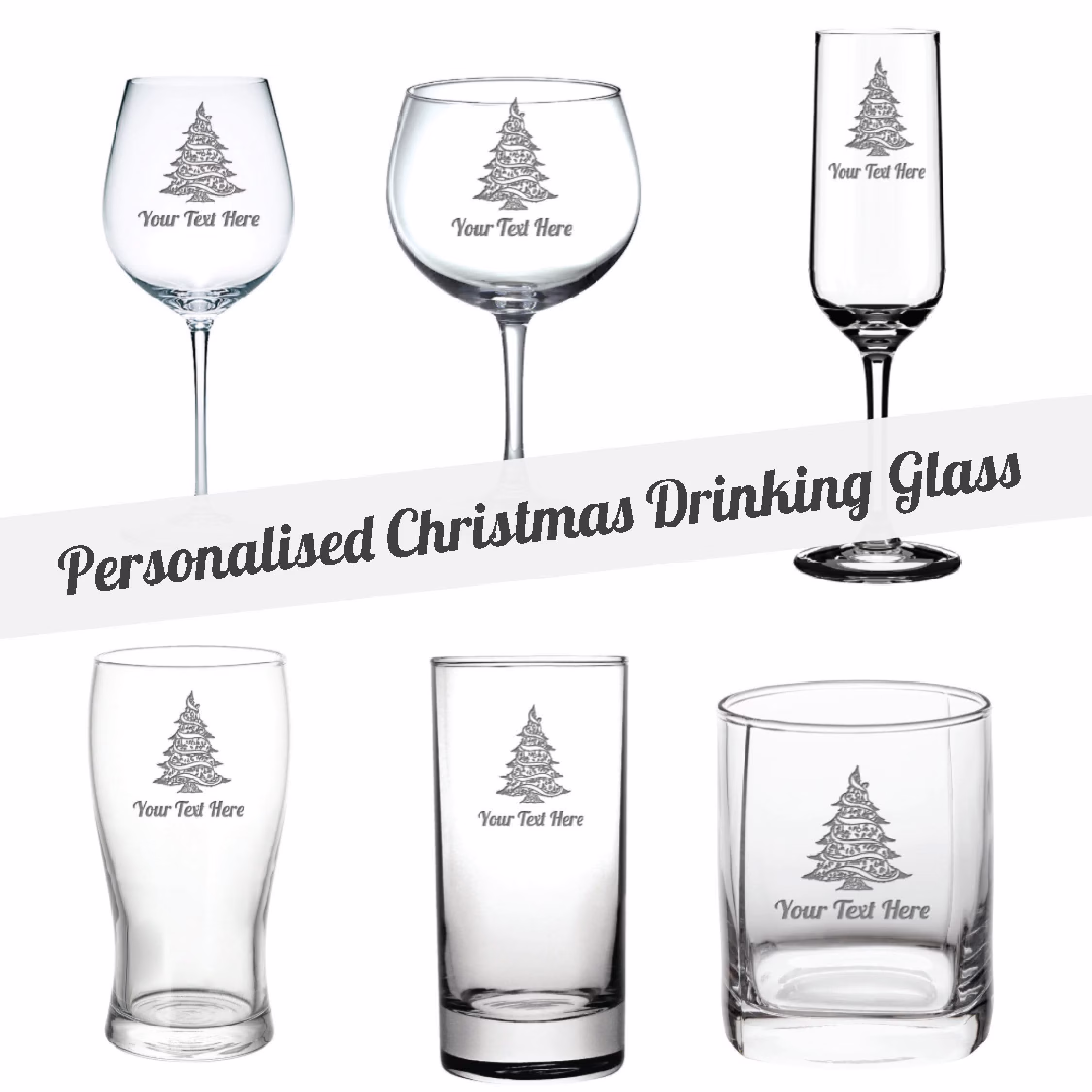 Personalised Glass Engraved Glasses Christmas Gift, Custom Text On Glassware, Bespoke Etched Drinking For Xmas