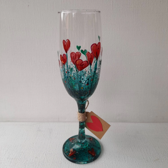 Hearts & Flowers, Champagne Flute, Hand Painted Glass | Can Be Personalised For Free Unique, Perfect Gift To Order Her Him
