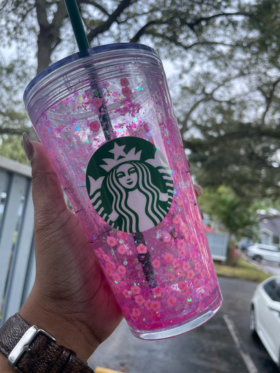 Snow Globe Tumbler | Tumblers Grande Venti Pink Floral Glitter Custom