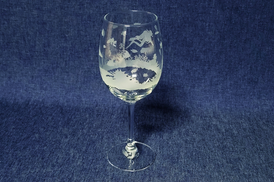 Tropical Fish Engraved Wine Glass, Featuring A Scuba Diver & Coral Reef