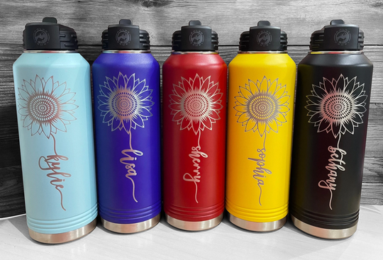 40Oz. Polar Camel Water Bottle Engraved Sunflower With Custom Name As Stem - 16 Colors