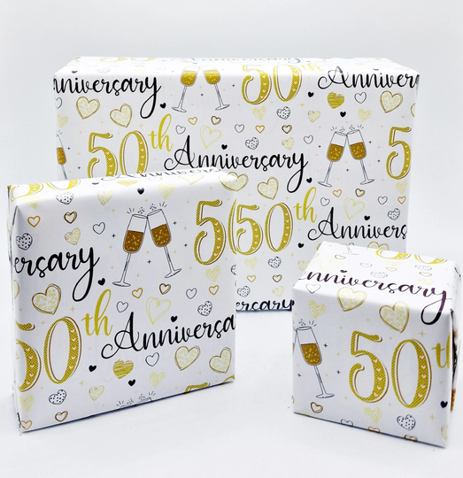 2 Sheets 50Th Wedding Anniversary Unisex Wrapping Paper Champagne Glass Design Giftwrap Male & Female Golden | Pa