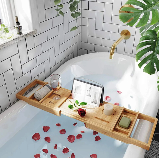 100% Bamboo Extendable Bath Tray. Home Spa Experience Caddy With Wine Glass/Candle/Bottle/Tablet/Phone Holders. Fits Most Baths