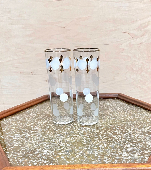 Vtg Polka Dot Libbey Mid Century Hi Ball Cocktail Glass Gold White Pair