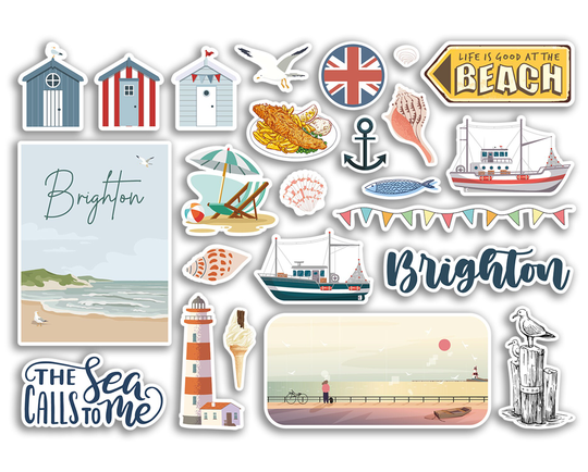 A5 Sticker Sheet Brighton Vinyl Stickers - Beach Seaside British England Coast Sea Ocean Boat Flag Travel Holiday Scrapbook Aesthetic #79072