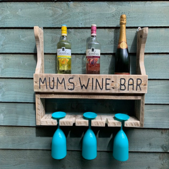 Rustic Hand Made Wall Mounted Gin & Wine Rack Handmade Wooden & Glass Holder