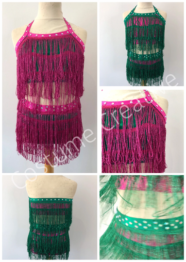 Jazzy Costumes in Metallic Shine Lycra & Fringe Decorated With Large Ab Crystals. Crop Tops Knickers Age 7 Pink Green