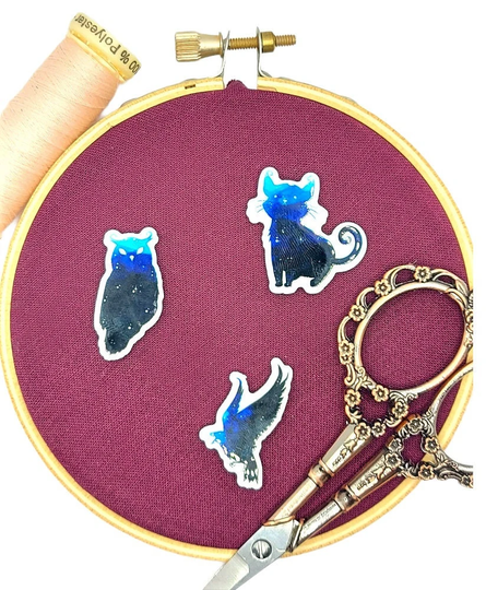 Cat Needle Minder, Magnet, Pin Witchy, Constellation Animal, Night Sky Raven Crow, Space Cat, Owl, Embroidery, Cross-stitch