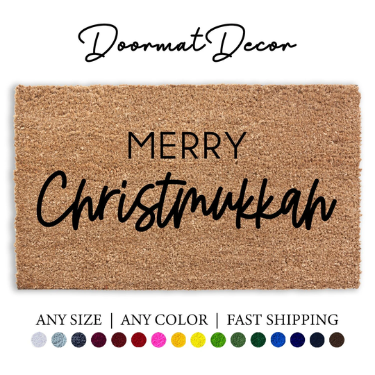 Merry Christmukkah Doormat, Hanukkah Jewish Holiday Decor Door Mat, Flocked Coir Welcome Outdoor Entryway Christmas Gift