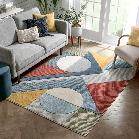 Ruby Glimmer Mid-Century Modern Tufted Red/Blue/Yellow Area Rug