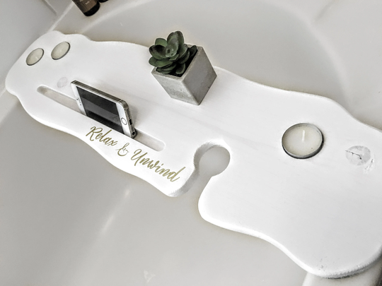68cm White & Gold Handmade Live Edge Style Curvy Bath Board/Shelf Caddy - With Wine Glass Tealights Phone Tablet Slot