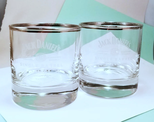 Jack Daniels Pair Of Cocktail Glasses - Single Barrel Select Tennessee Whiskey Silvered Rim Barware Cheers