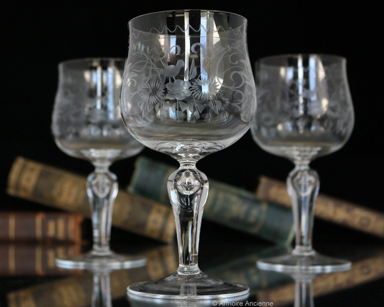 3x Crystal Wine Glasses Goblets, Engraved Pattern - Theresienthal