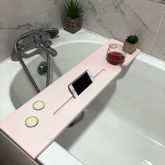 68cm Handmade Dusty Pink Bath Board/Shelf Caddy - Wine Glass Tealights & Phone Slot