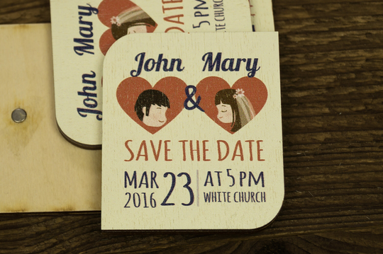 Wood Save The Date Refrigerator Magnet. Fridge Wedding Invitation