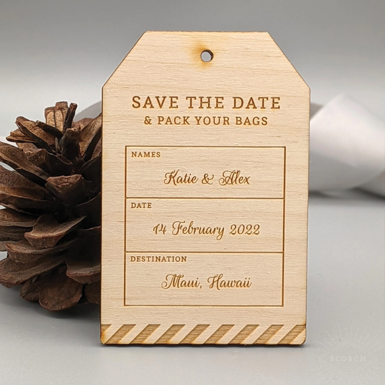 Destination Wedding Tag | Wooden Save The Date Magnet Invitation | Script Font
